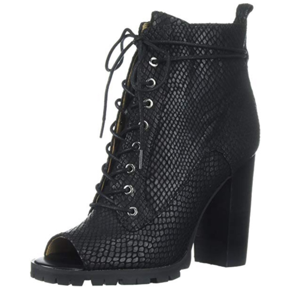 Black Snake Skin Texture Heeled Lace Up Boots - Picture 6 of 7